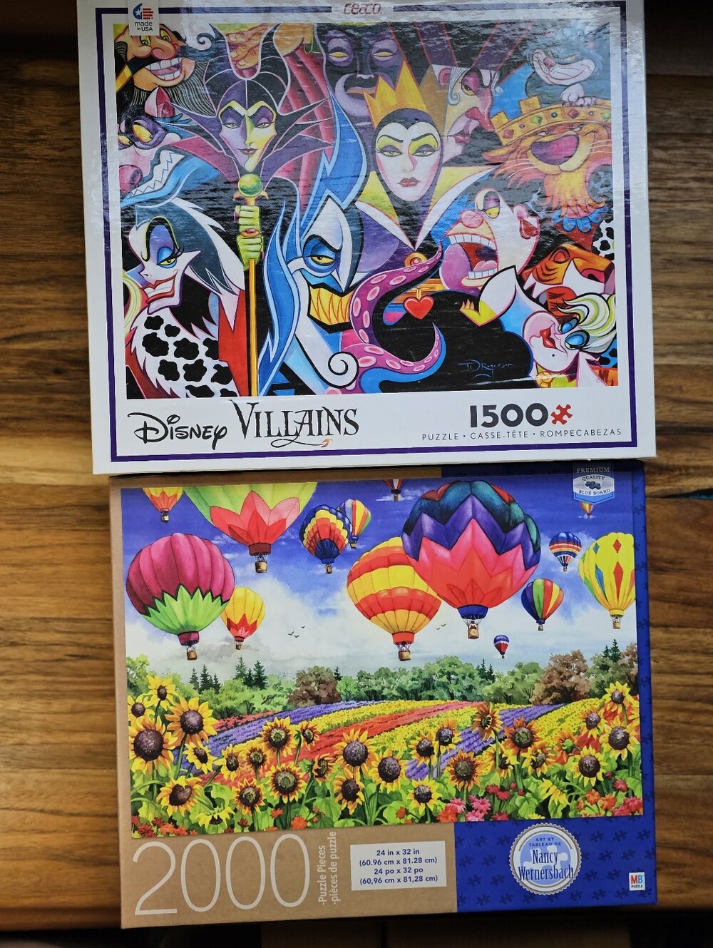 2 Puzzle Lot Disney Ceaco Villians Milton Bradley Hot Air Balloons 1500/2000 Pcs